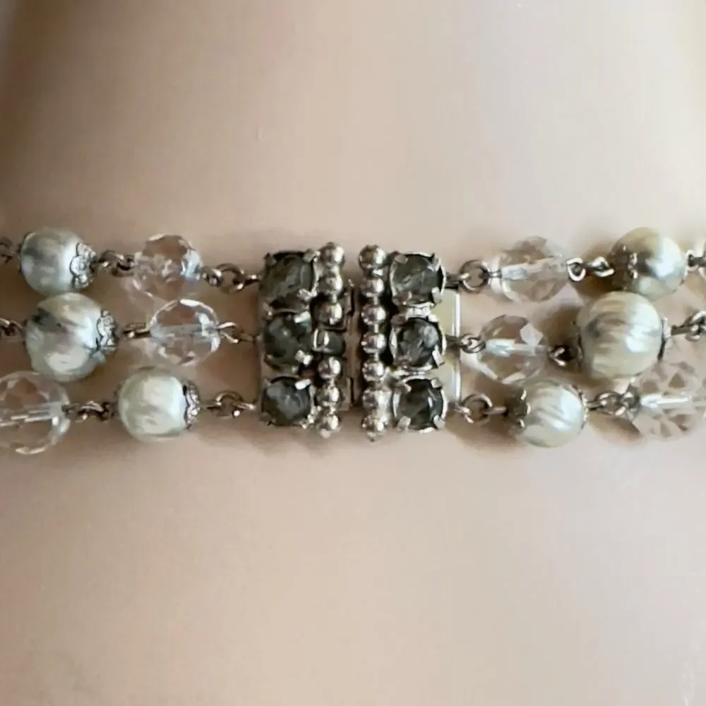 Vintage 1950s 3-Strand Baroque Glass Pearl & Crystal Choker Necklace Rousselet